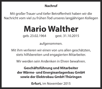 Traueranzeige von Mario Walther von Ostthüringer Zeitung, Thüringische Landeszeitung