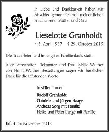 Traueranzeige von Lieselotte Granholdt von Thüringer Allgemeine, Thüringische Landeszeitung