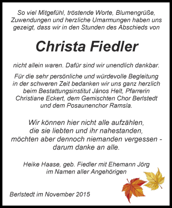 Traueranzeige von Christa Fiedler von Thüringer Allgemeine, Thüringische Landeszeitung