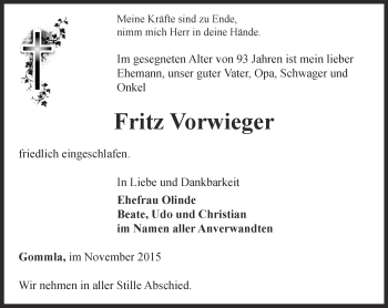 Traueranzeige von Fritz Vorwieger von Ostthüringer Zeitung