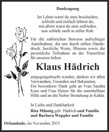 Traueranzeige von Klaus Hädrich von Ostthüringer Zeitung, Thüringische Landeszeitung