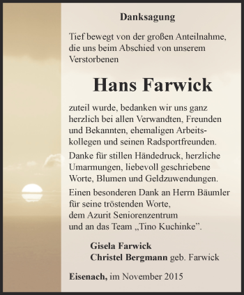 Traueranzeige von Hans Farwick von Thüringer Allgemeine, Thüringische Landeszeitung