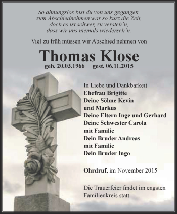 Traueranzeige von Thomas Klose