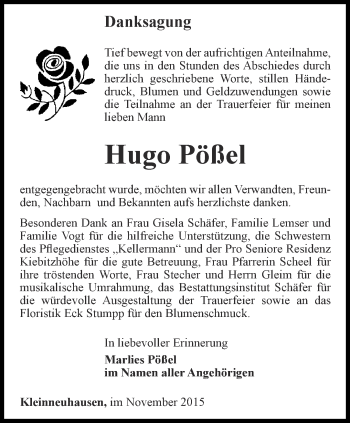 Traueranzeige von Hugo Pößel von Thüringer Allgemeine