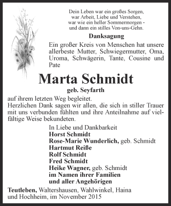 Traueranzeige von Marta  Schmidt von Ostthüringer Zeitung, Thüringische Landeszeitung