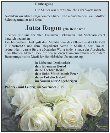 Traueranzeige von Jutta Rogon von Ostthüringer Zeitung