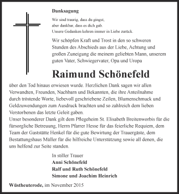 Traueranzeige von Raimund Schönefeld von Thüringer Allgemeine