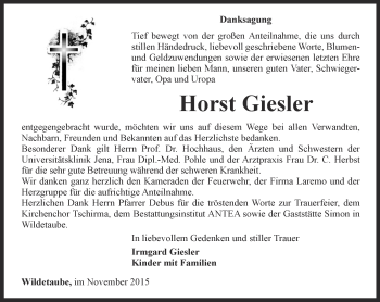 Traueranzeige von Horst Giesler von Ostthüringer Zeitung