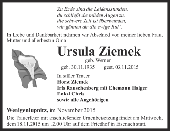 Traueranzeige von Ursula Ziemek von Thüringer Allgemeine, Thüringische Landeszeitung