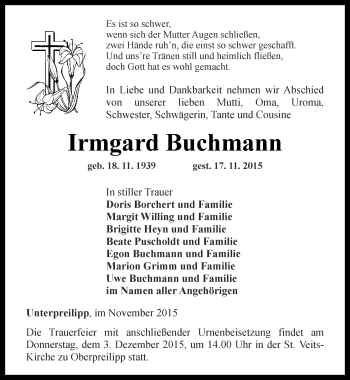 Traueranzeige von Irmgard Buchmann von Ostthüringer Zeitung