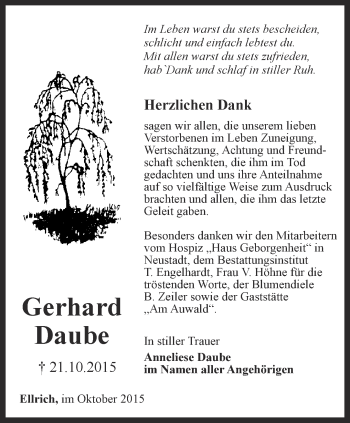 Traueranzeige von Gerhard Daube von Thüringer Allgemeine