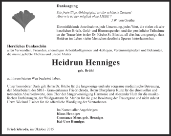 Traueranzeige von Heidrun Henniges von Ostthüringer Zeitung, Thüringische Landeszeitung