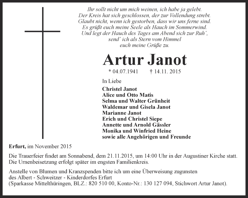  Traueranzeige für Artur Janot vom 18.11.2015 aus Thüringer Allgemeine, Thüringische Landeszeitung