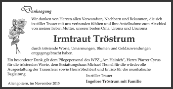 Traueranzeige von Irmtraut Tröstrum von Thüringer Allgemeine, Thüringische Landeszeitung