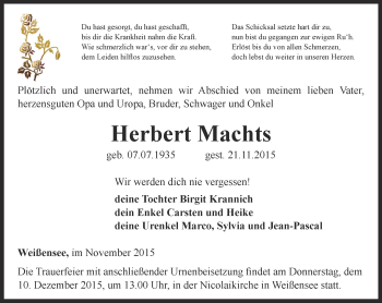 Traueranzeige von Herbert Machts von Thüringer Allgemeine