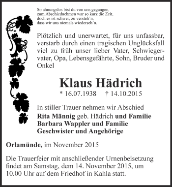 Traueranzeige von Klaus Hädrich von Ostthüringer Zeitung, Thüringische Landeszeitung