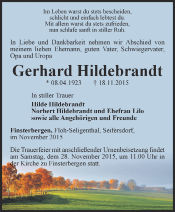 Traueranzeige von Gerhard Hildebrandt von Ostthüringer Zeitung, Thüringische Landeszeitung