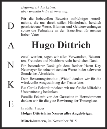 Traueranzeige von Hugo Dittrich von Thüringer Allgemeine, Thüringische Landeszeitung