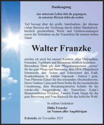 Traueranzeige von Walter Franzke von Thüringer Allgemeine