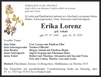 Traueranzeige von Erika Lorenz von Thüringer Allgemeine, Thüringische Landeszeitung