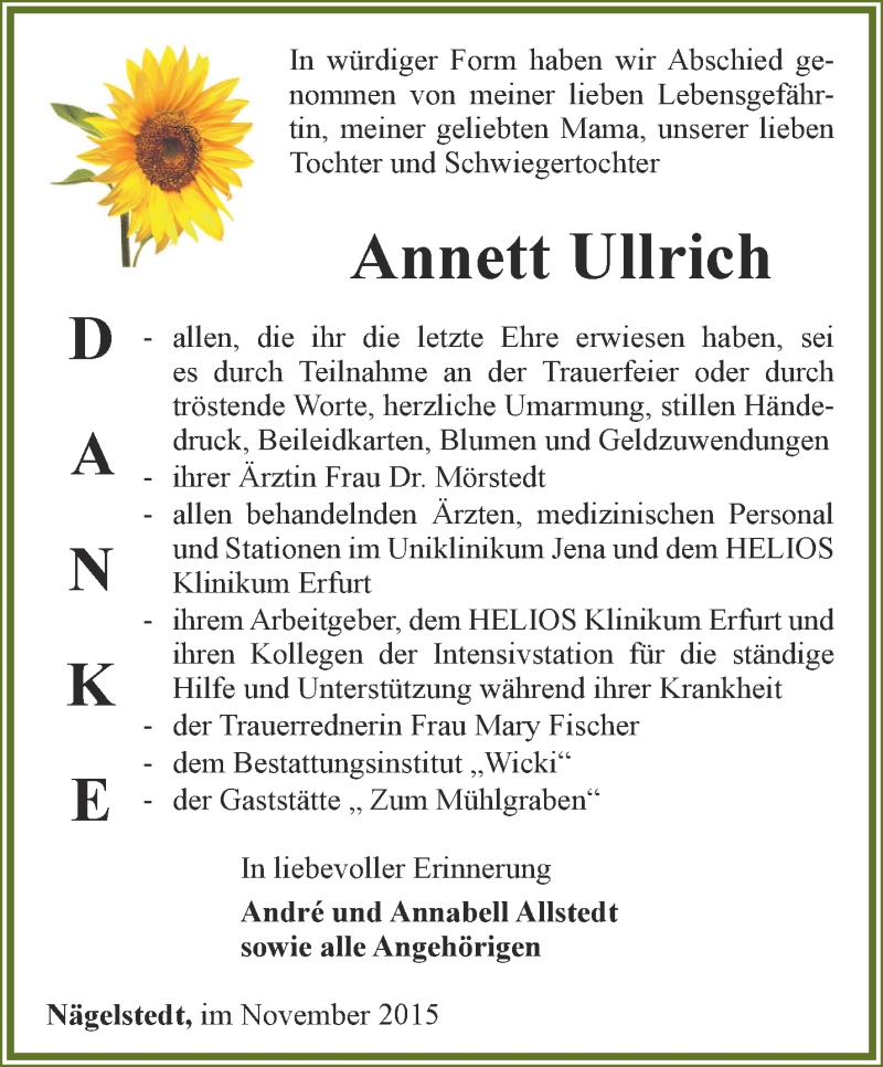  Traueranzeige für Annett Ullrich vom 21.11.2015 aus Thüringer Allgemeine, Thüringische Landeszeitung