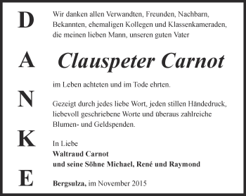 Traueranzeige von Clauspeter Carnot von Thüringer Allgemeine, Thüringische Landeszeitung