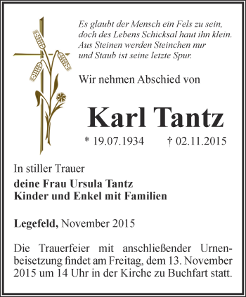 Traueranzeige von Karl Tantz von Thüringer Allgemeine, Thüringische Landeszeitung