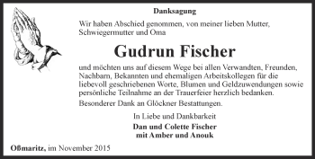 Traueranzeige von Gudrun Fischer von Ostthüringer Zeitung, Thüringische Landeszeitung