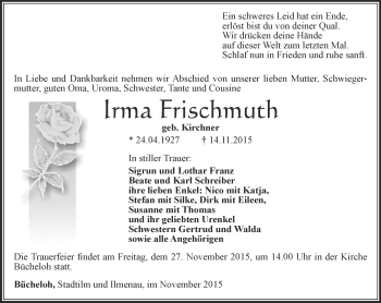 Traueranzeige von Irma Frischmuth von Thüringer Allgemeine