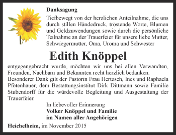 Traueranzeige von Edith Knöppel von Thüringer Allgemeine, Thüringische Landeszeitung