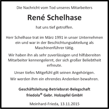 Traueranzeige von Rene Schelhase von Thüringer Allgemeine, Thüringische Landeszeitung