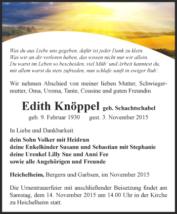 Traueranzeige von Edith Knöppel von Thüringer Allgemeine, Thüringische Landeszeitung