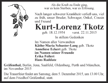 Traueranzeige von Kurt-Lorenz Tkotz von Ostthüringer Zeitung