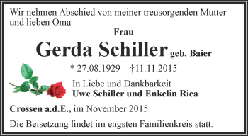 Traueranzeige von Gerda Schiller von Ostthüringer Zeitung