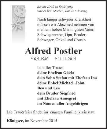 Traueranzeige von Alfred Postler von Ostthüringer Zeitung