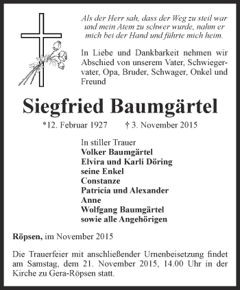 Traueranzeige von Siegfried Baumgärtel von Ostthüringer Zeitung