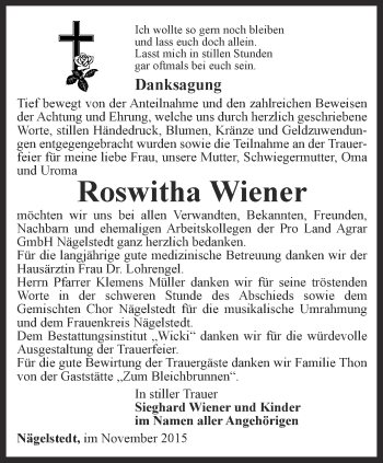 Traueranzeige von Roswitha Wiener von Thüringer Allgemeine, Thüringische Landeszeitung