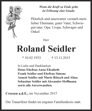 Traueranzeige von Roland Seidler von Ostthüringer Zeitung