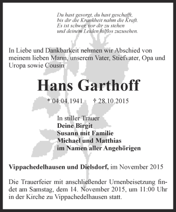 Traueranzeige von Hans Garthoff von Thüringer Allgemeine, Thüringische Landeszeitung