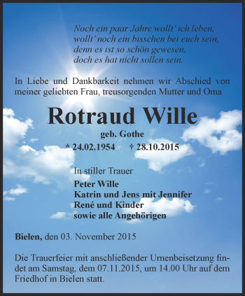 Traueranzeige von Rotraud Wille von Thüringer Allgemeine