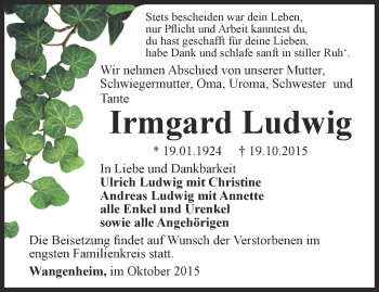 Traueranzeige von Irmagrd Ludwig von Ostthüringer Zeitung, Thüringische Landeszeitung