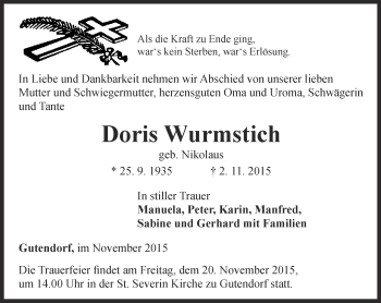 Traueranzeige von Doris Wurmstich von Thüringer Allgemeine, Thüringische Landeszeitung