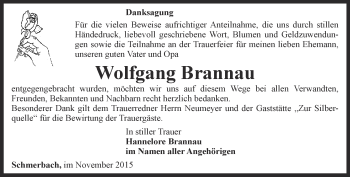 Traueranzeige von Wolfgang Brannau von Ostthüringer Zeitung, Thüringische Landeszeitung