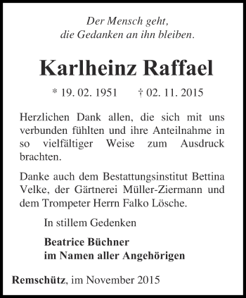 Traueranzeige von Karlheinz Raffael von Ostthüringer Zeitung