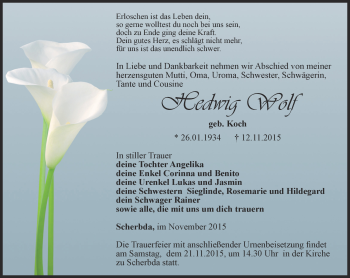 Traueranzeige von Hedwig Wolf von Thüringer Allgemeine, Thüringische Landeszeitung