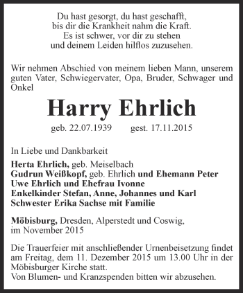 Traueranzeige von Harry Ehrlich von Thüringer Allgemeine, Thüringische Landeszeitung