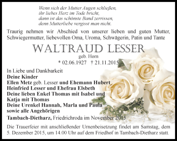 Traueranzeige von Waltraud Lesser von Ostthüringer Zeitung, Thüringische Landeszeitung