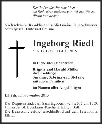 Traueranzeige von Ingeborg Riedl von Thüringer Allgemeine