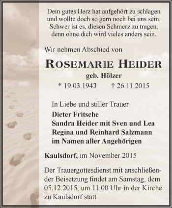Traueranzeige von Rosemarie Heider von Ostthüringer Zeitung