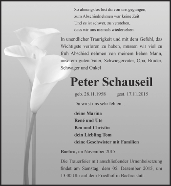 Traueranzeige von Peter Schauseil von Thüringer Allgemeine